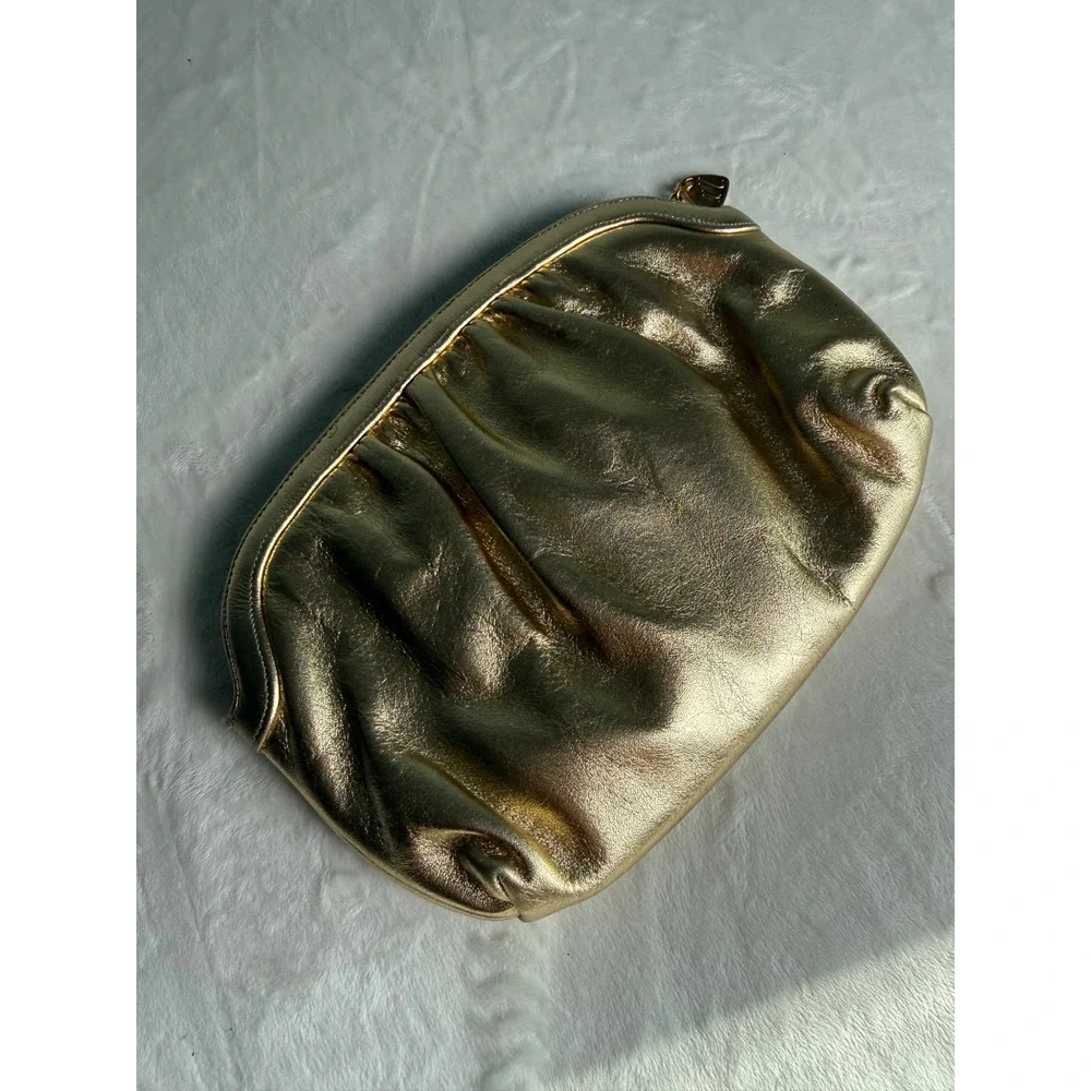 Vintage Morris Moskowitz Gold Metallic Leather Gathered Frame Clutch Bag MM